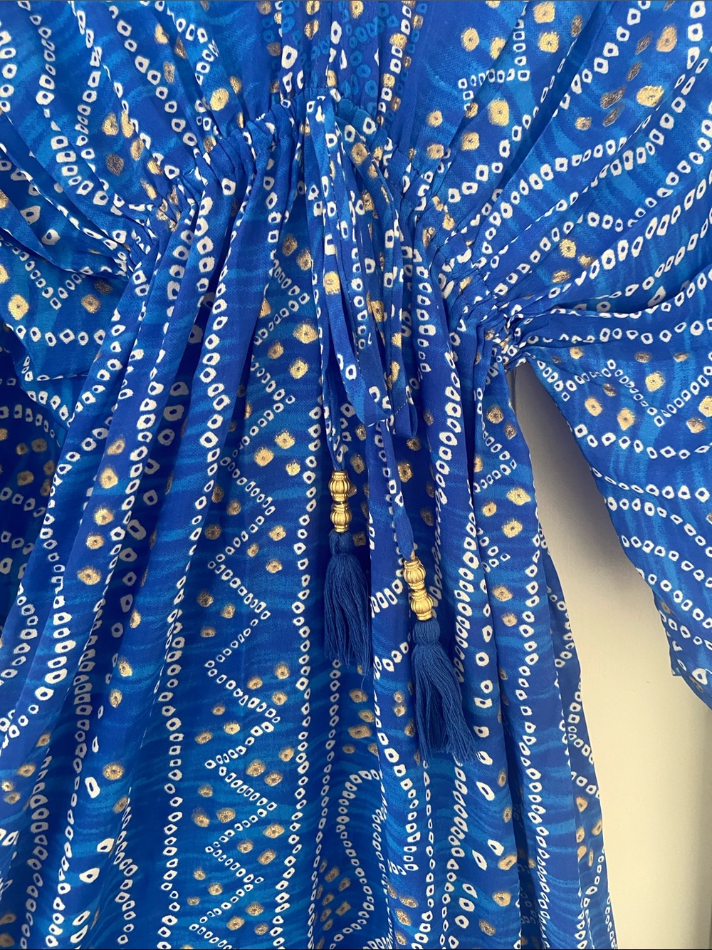 Silk Boho Blue Plunge Neck Kaftan Maxi Dress with Tassels - Picture 4 of 7